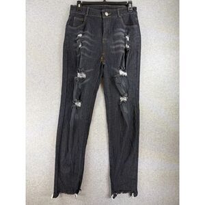 Women’s L Black Dark Navy Distressed Ripped Skinny Jeans 28 Waist Y2K 3563
